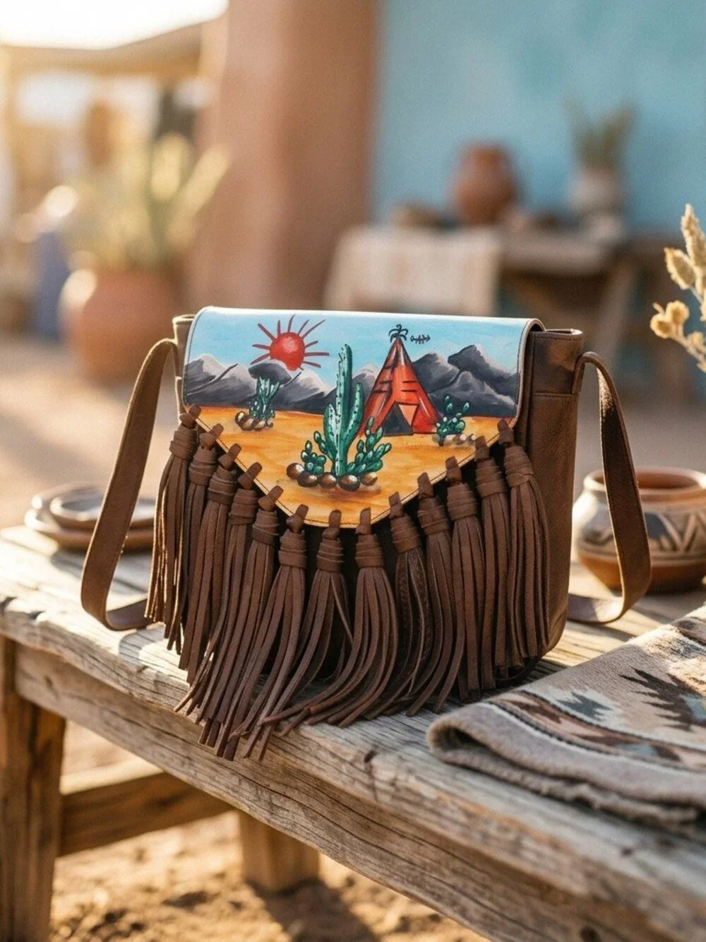 American Darling Cherokee Sunsets Fringe Hand painted Crossbody Satchel